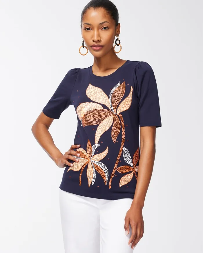 Chico039s Embroidered Palm Print Tee Classic Navy Women Tops