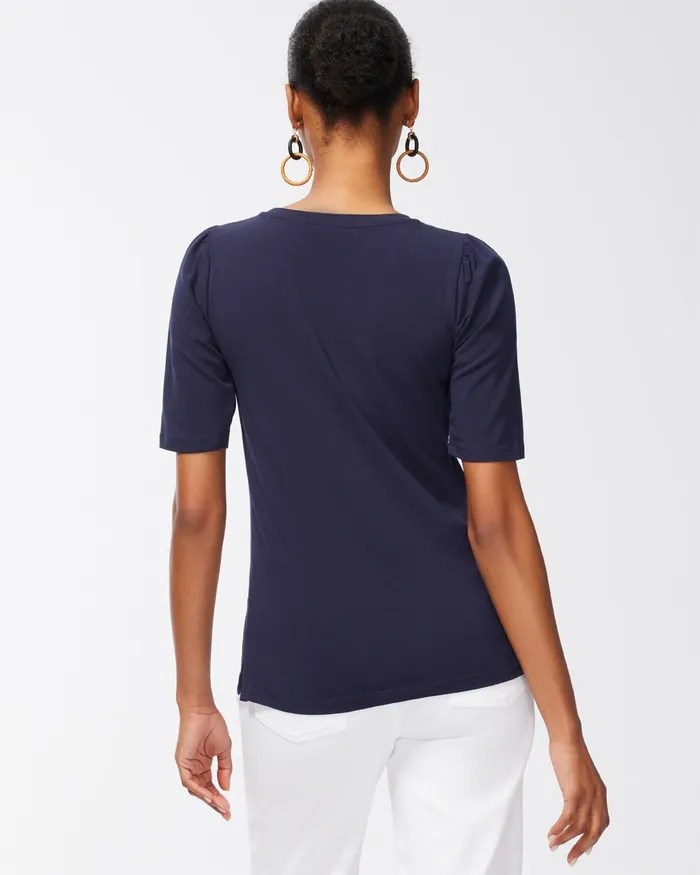 Chico039s Embroidered Palm Print Tee Classic Navy Women Tops