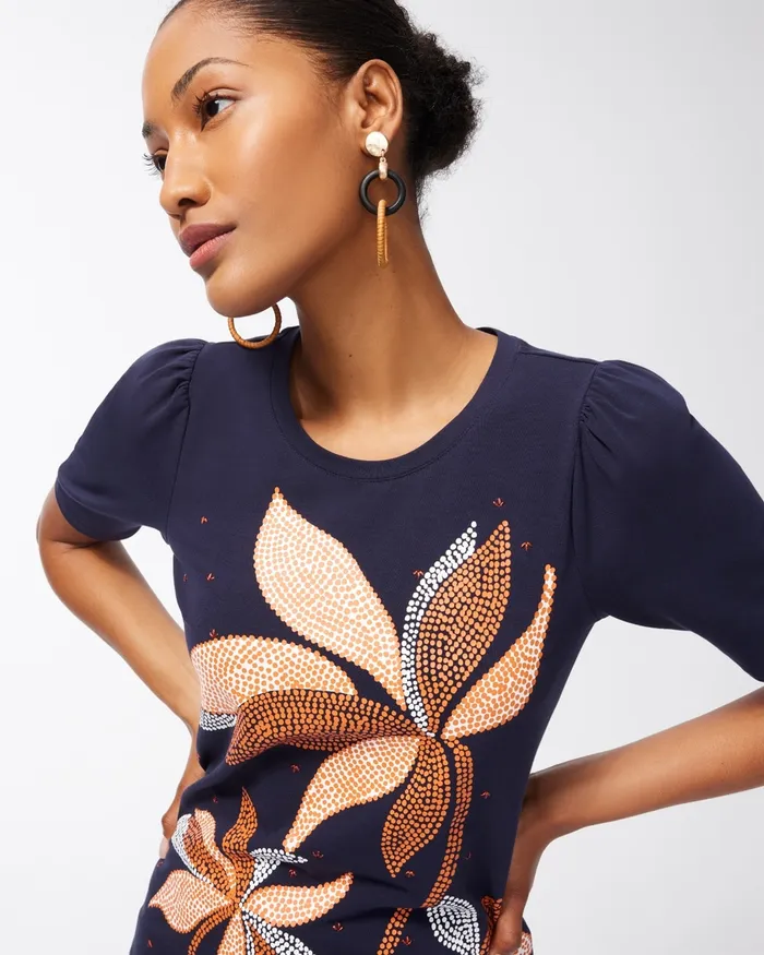 Chico039s Embroidered Palm Print Tee Classic Navy Women Tops
