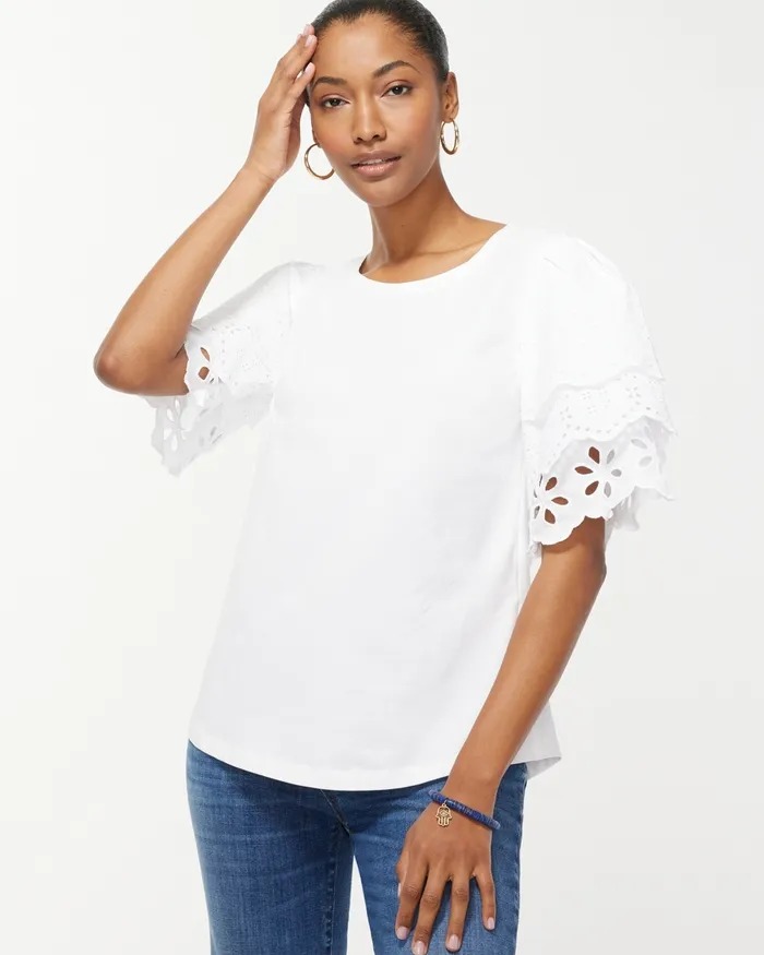 Chico039s Eyelet Tier Sleeve Top Alabaster Women Tees