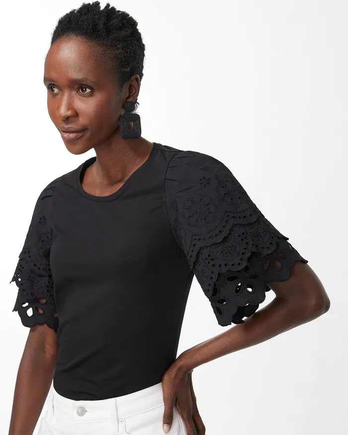 Chico039s Eyelet Tier Sleeve Top Alabaster Women Tees