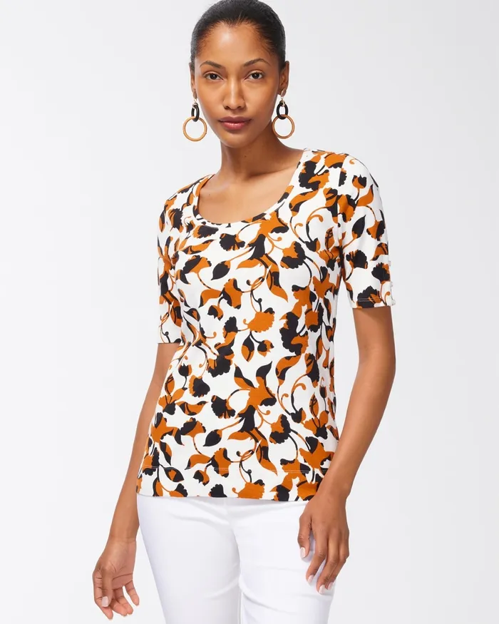Chico039s Floral Everyday Cotton Tee Alabaster Women Tops
