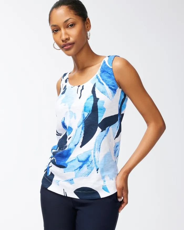 Chico039s Floral Print Cotton Slub Tank Poolside Blue Women Tees