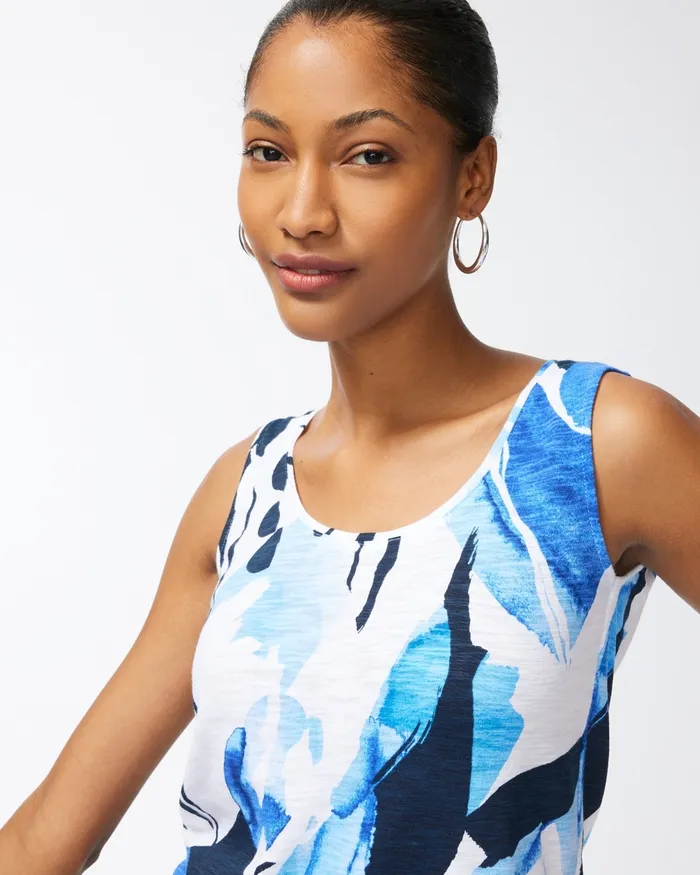 Chico039s Floral Print Cotton Slub Tank Poolside Blue Women Tees