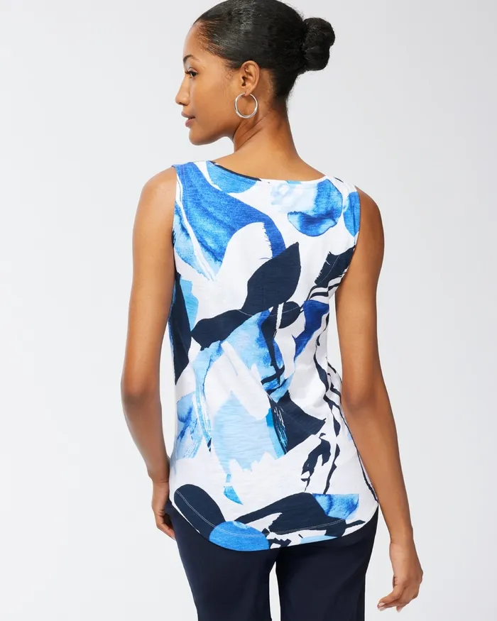 Chico039s Floral Print Cotton Slub Tank Poolside Blue Women Tops