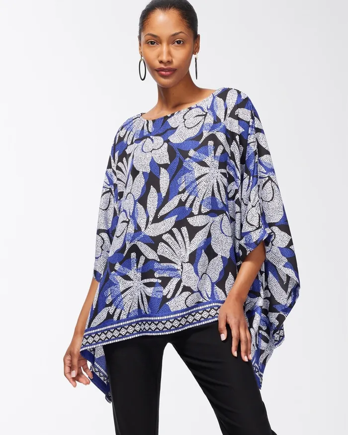 Chico039s Floral Print Poncho Blue Grotto Women Tops