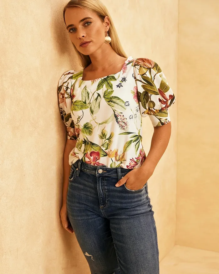 Chico039s Floral Square Neck Puff Sleeve Top Alabaster Women Tops