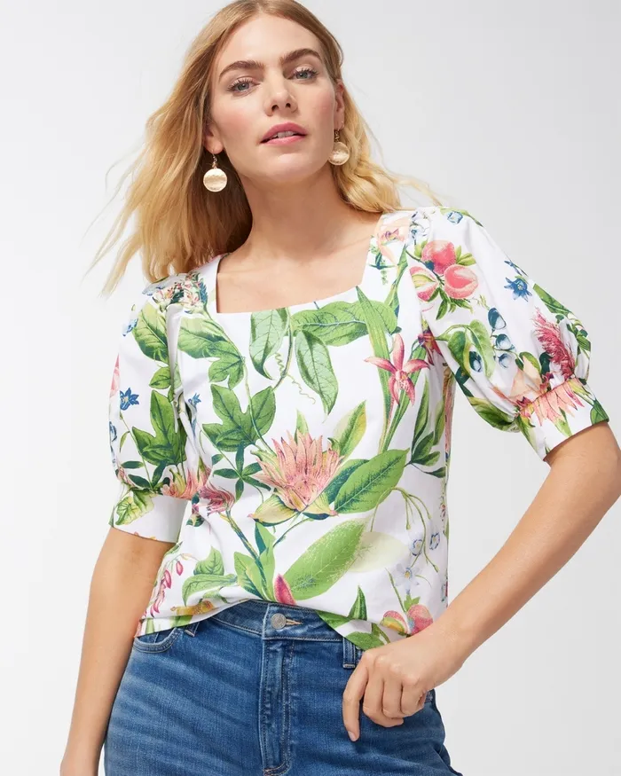 Chico039s Floral Square Neck Puff Sleeve Top Alabaster Women Tops