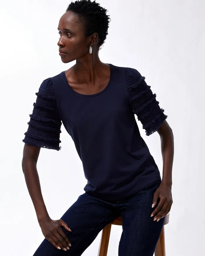 Chico039s Fringe Tier Sleeve Tee Classic Navy Women Tops
