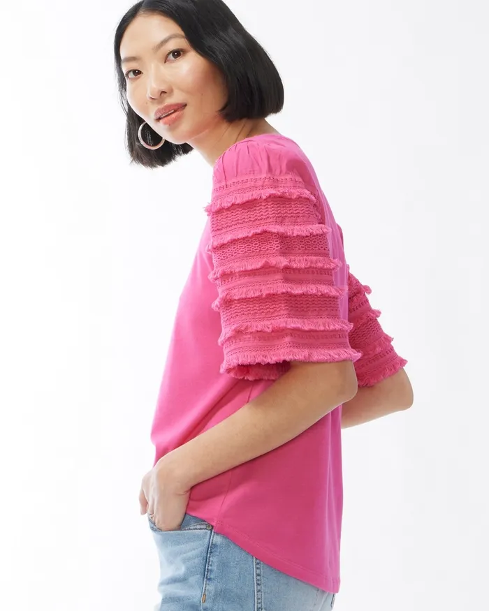 Chico039s Fringe Tier Sleeve Tee Classic Navy Women Tops