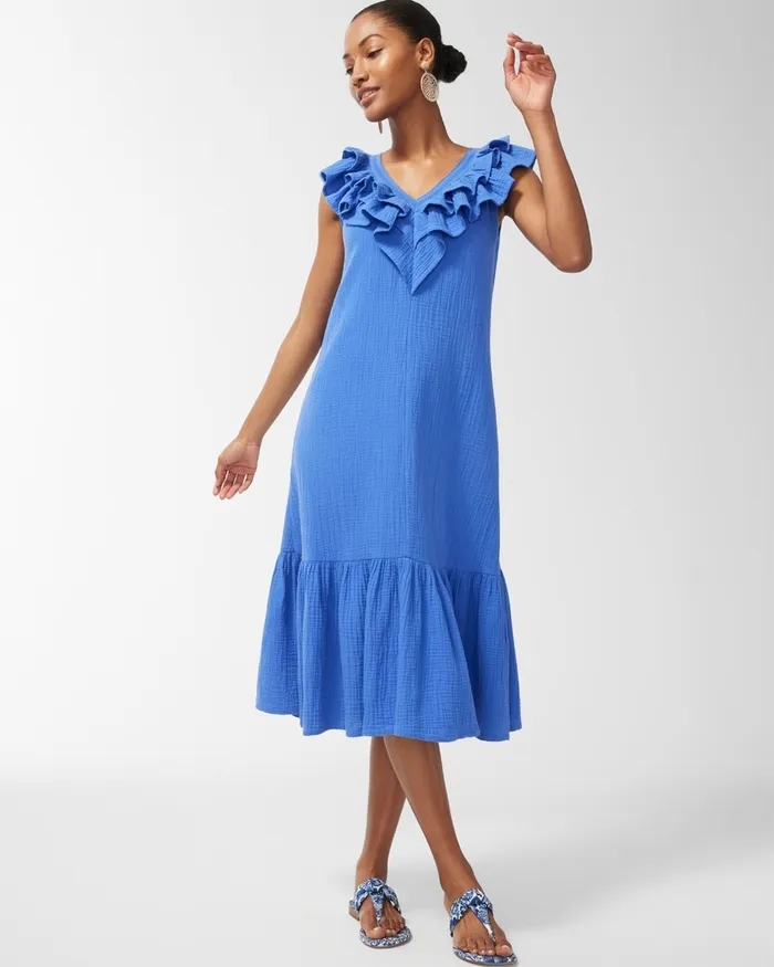 Chico039s Gauze Flutter Neck Midi Dress Amparo Blue Women Dresses and Skirts