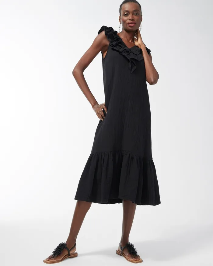 Chico039s Gauze Flutter Neck Midi Dress Amparo Blue Women Dresses and Skirts