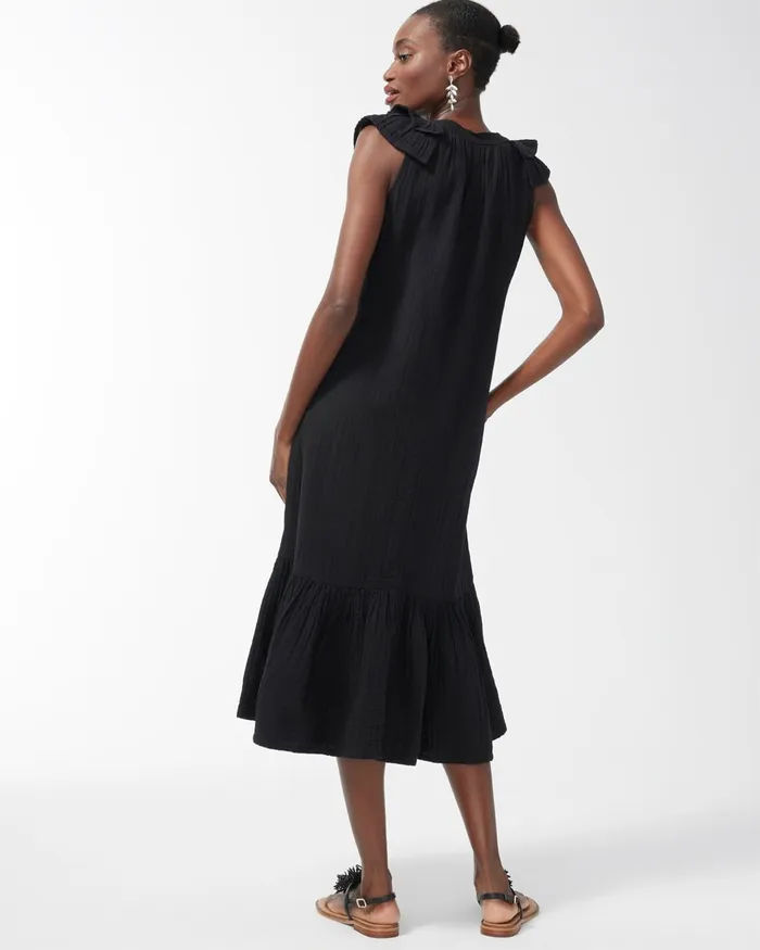 Chico039s Gauze Flutter Neck Midi Dress Amparo Blue Women Dresses and Skirts
