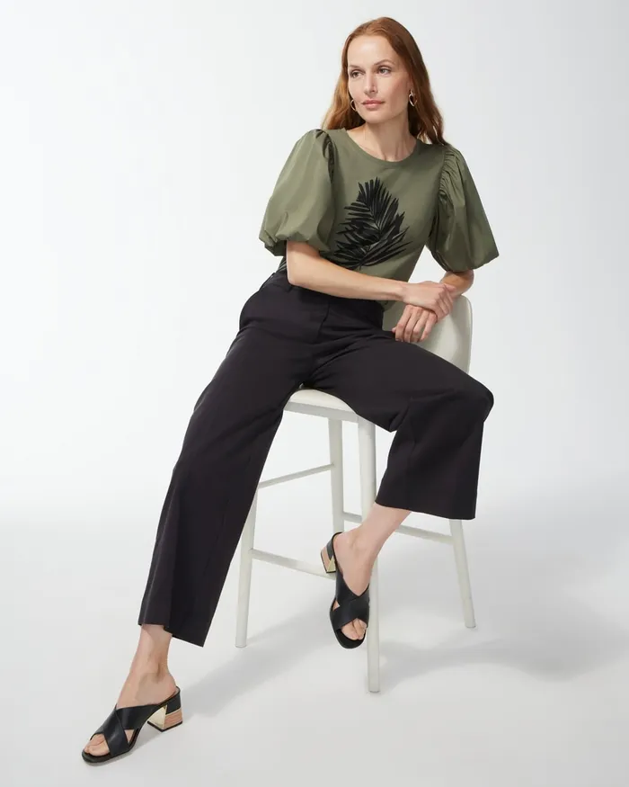 Chico039s Green Embellished Puff Sleeve Tee Dark Moss Women Tops