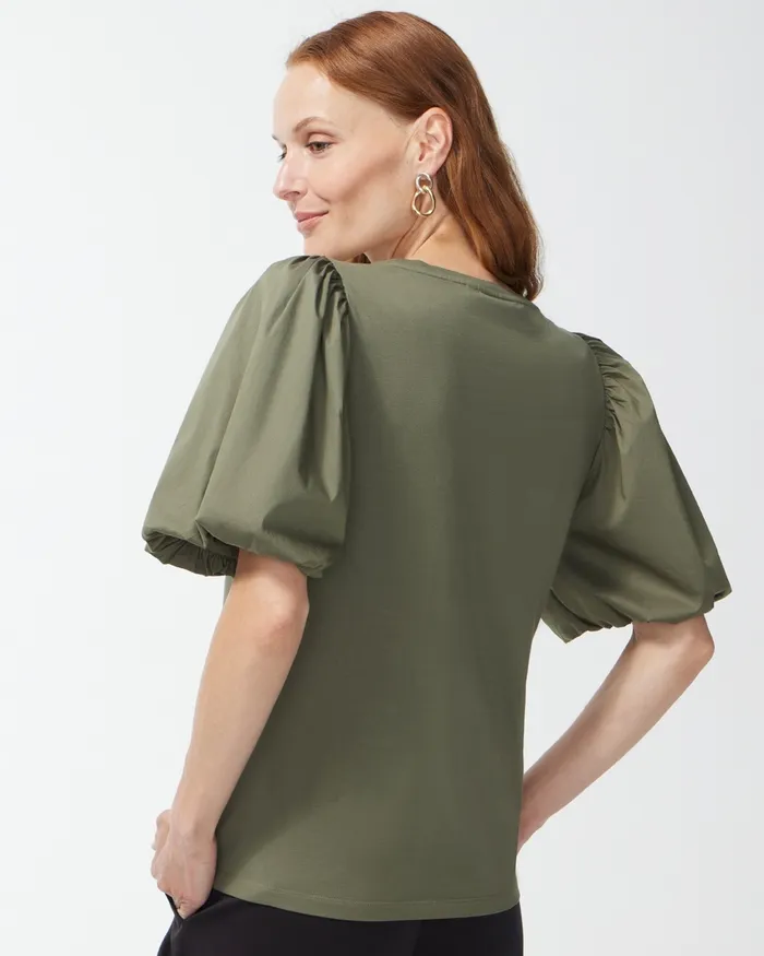 Chico039s Green Embellished Puff Sleeve Tee Dark Moss Women Tops
