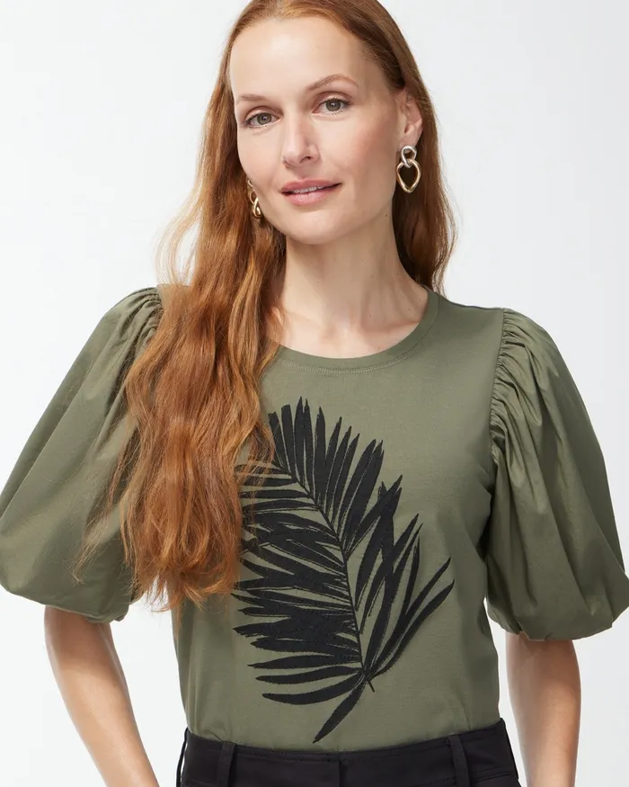 Chico039s Green Embellished Puff Sleeve Tee Dark Moss Women Tops