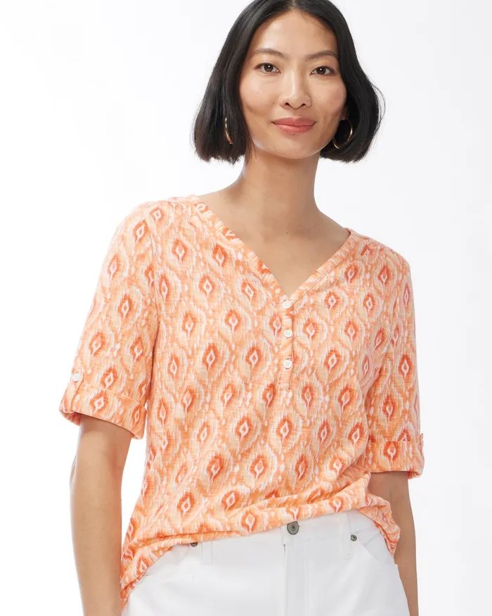 Chico039s Ikat Henley Elbow Sleeve Slub Tee Orange Blossom Women Tops
