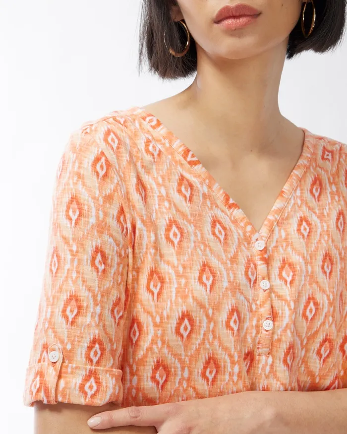 Chico039s Ikat Henley Elbow Sleeve Slub Tee Orange Blossom Women Tops