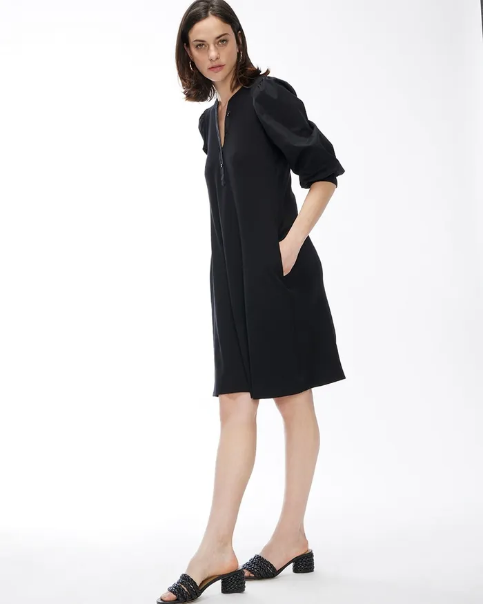 Chico039s Knit Mix Bow Sleeve Henley Dress Black Women Dresses and Skirts