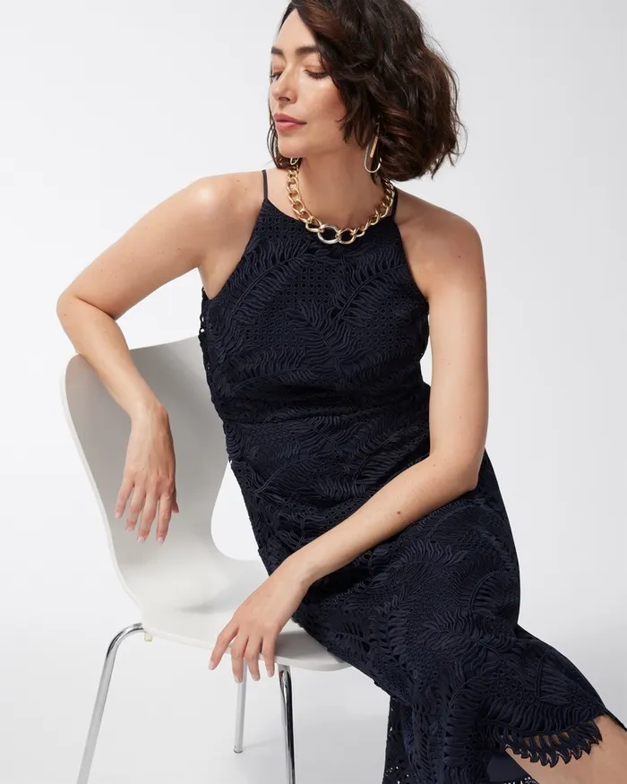 Chico039s Lace Halter Midi Dress Classic Navy Women Dresses and Skirts