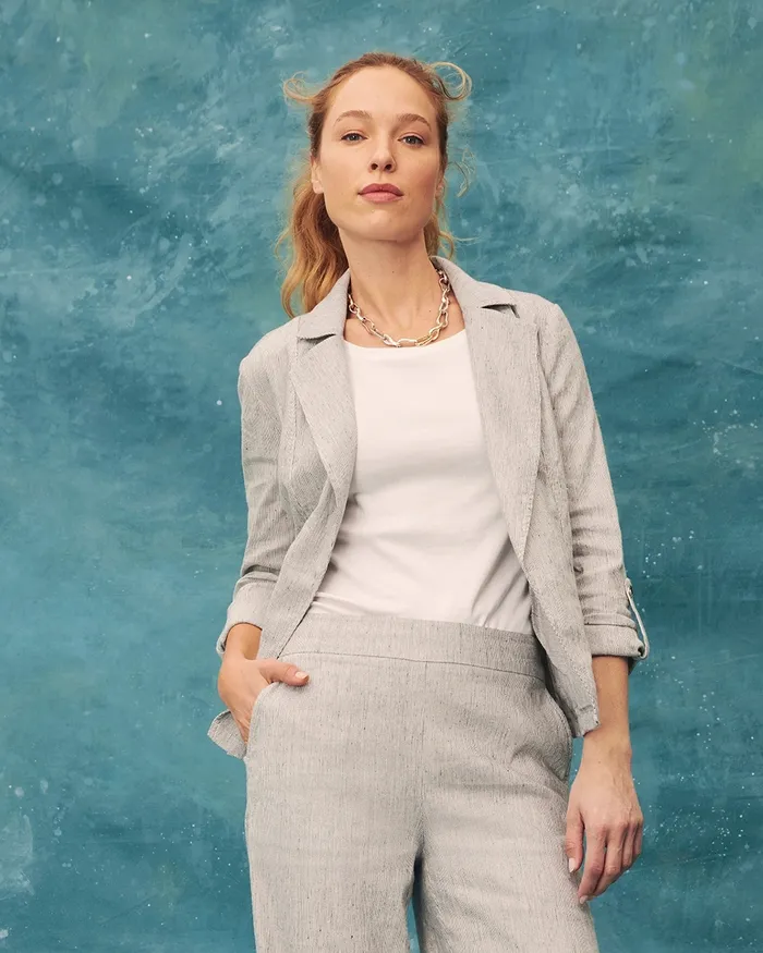 Chico039s LinenBlend Striped Blazer Black Women Matching Sets