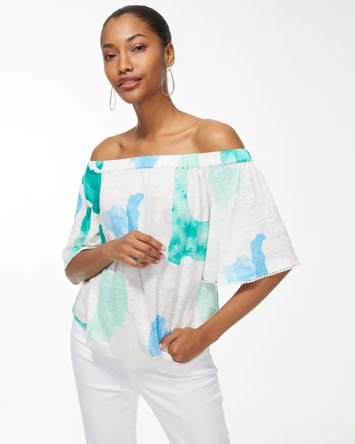 Chico039s Linen Confetti OffShoulder Top Flax Women Tees