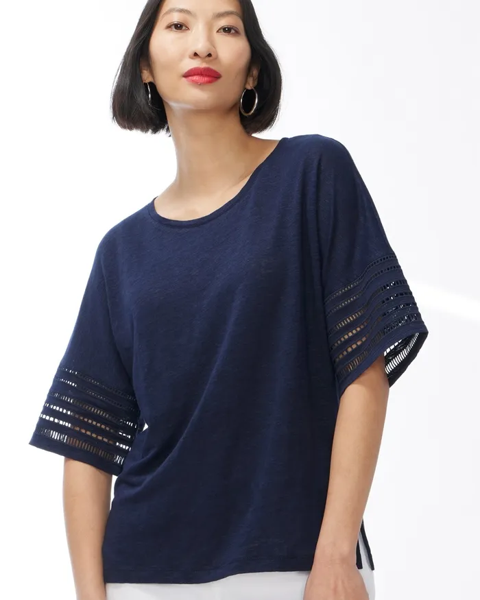 Chico039s Linen Cutwork Tee Classic Navy Women Tees