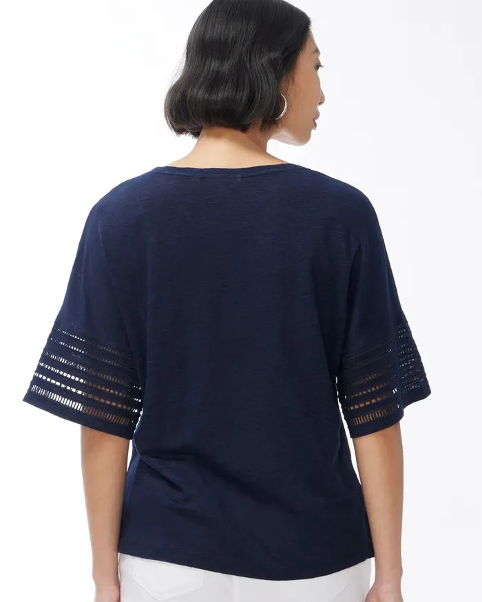 Chico039s Linen Cutwork Tee Classic Navy Women Tees