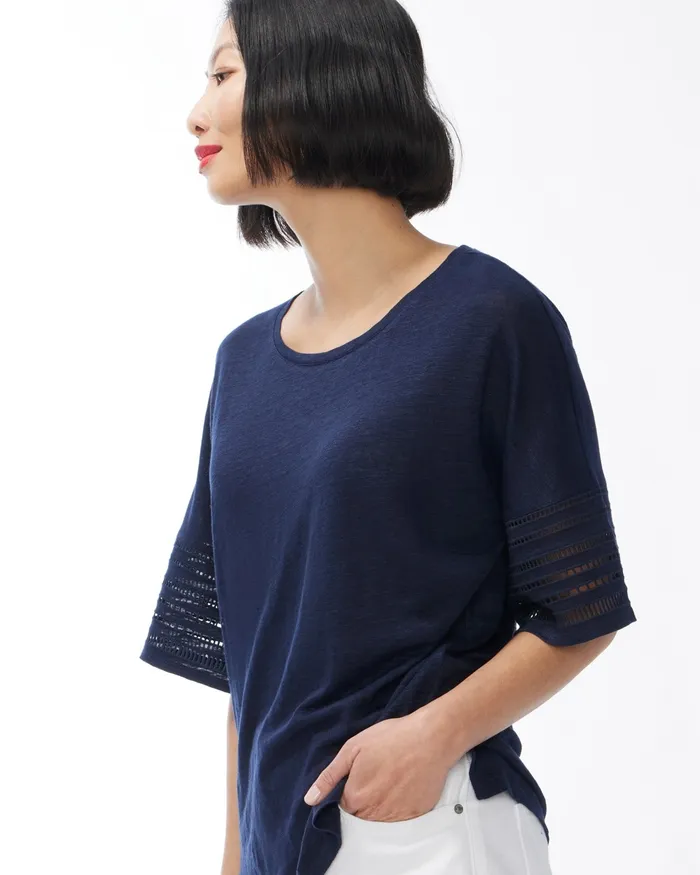 Chico039s Linen Cutwork Tee Classic Navy Women Tees