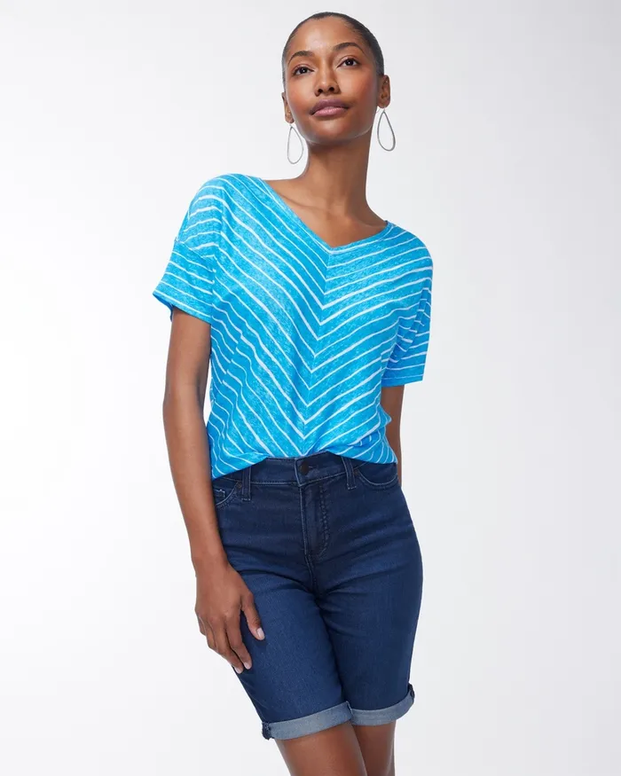 Chico039s Linen Stripe Easy Tee Poolside Blue Women Tops