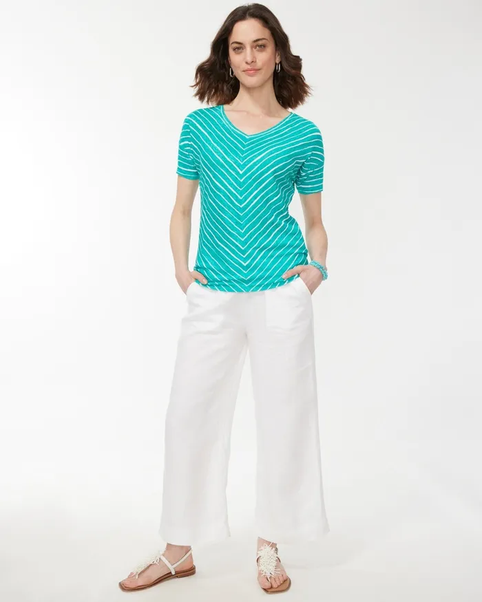 Chico039s Linen Stripe Easy Tee Poolside Blue Women Tops