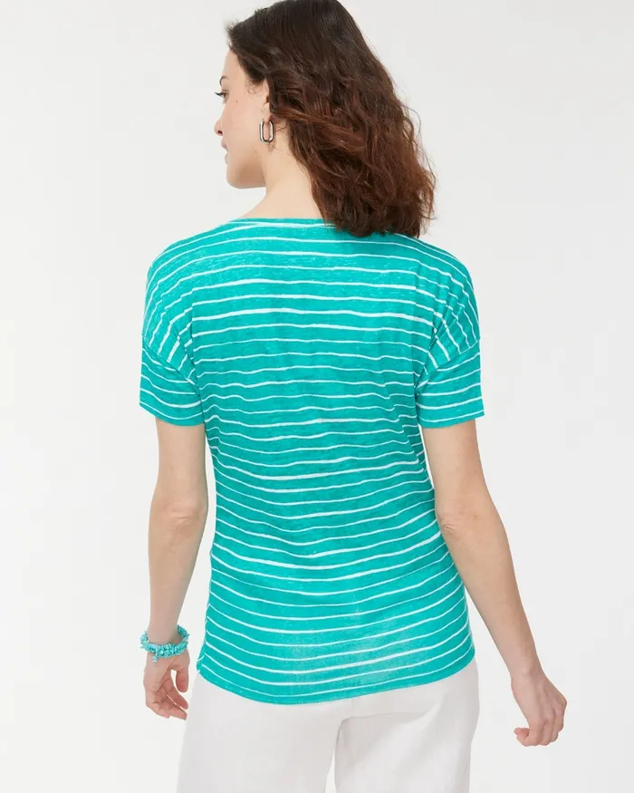 Chico039s Linen Stripe Easy Tee Poolside Blue Women Tops