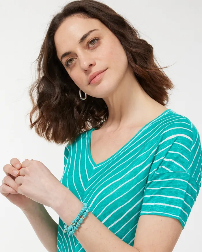 Chico039s Linen Stripe Easy Tee Poolside Blue Women Tops