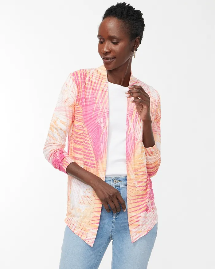 Chico039s Linen Tropical Print Convertible Cardigan Strawberry Margarita Women Tops