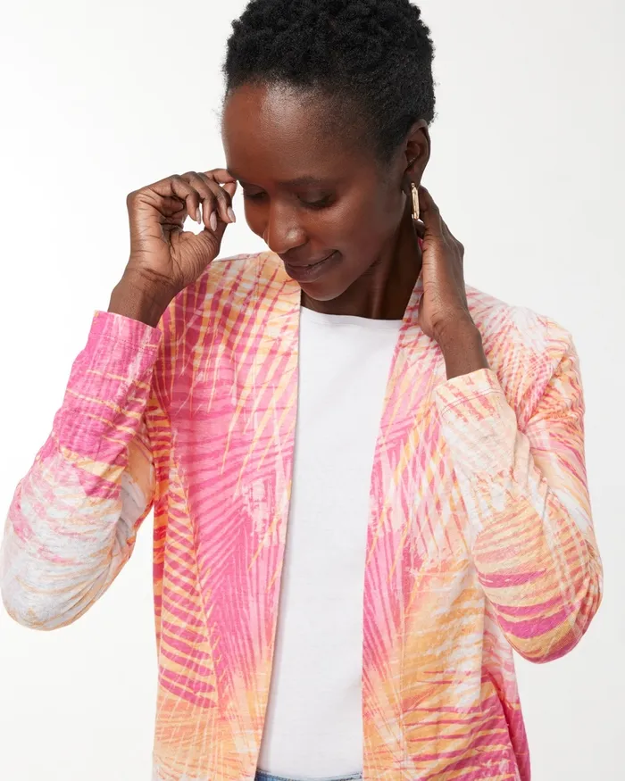 Chico039s Linen Tropical Print Convertible Cardigan Strawberry Margarita Women Tops