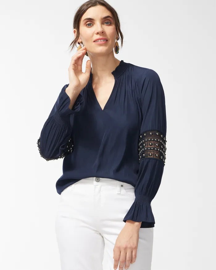 Chico039s Mesh Inset Popover Blouse Classic Navy Women Tops