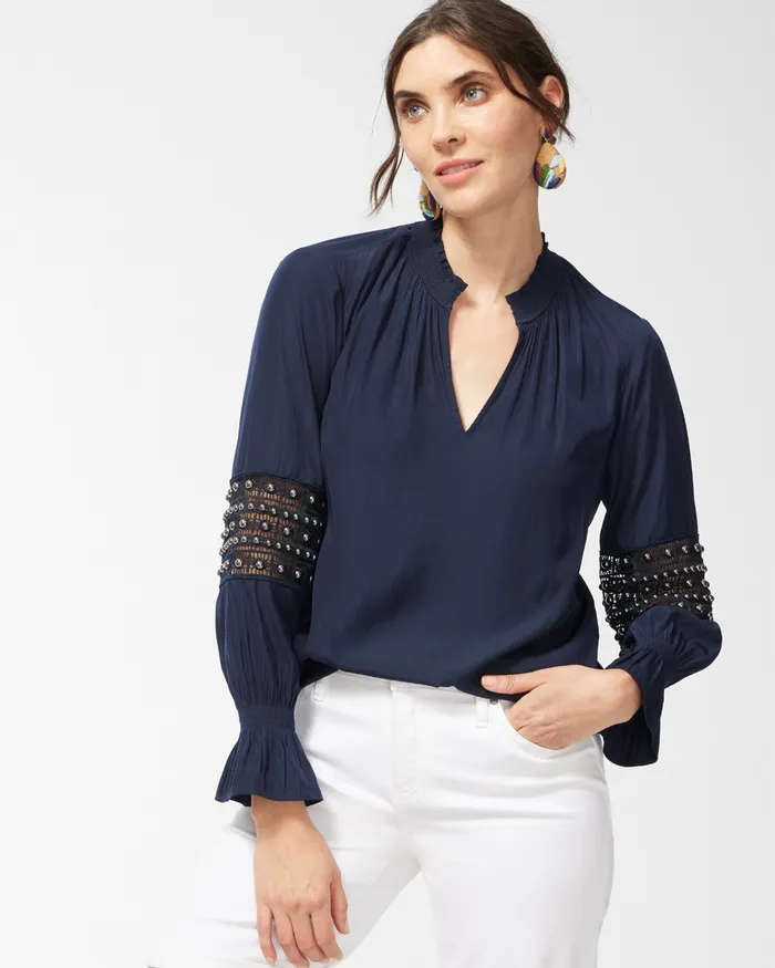 Chico039s Mesh Inset Popover Blouse Classic Navy Women Tops