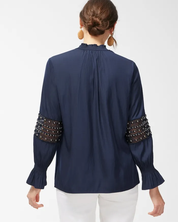 Chico039s Mesh Inset Popover Blouse Classic Navy Women Tops