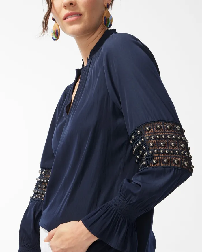 Chico039s Mesh Inset Popover Blouse Classic Navy Women Tops