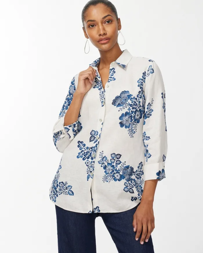 Chico039s No Iron Linen 34 Sleeve Floral Shirt Classic Navy Women Tops