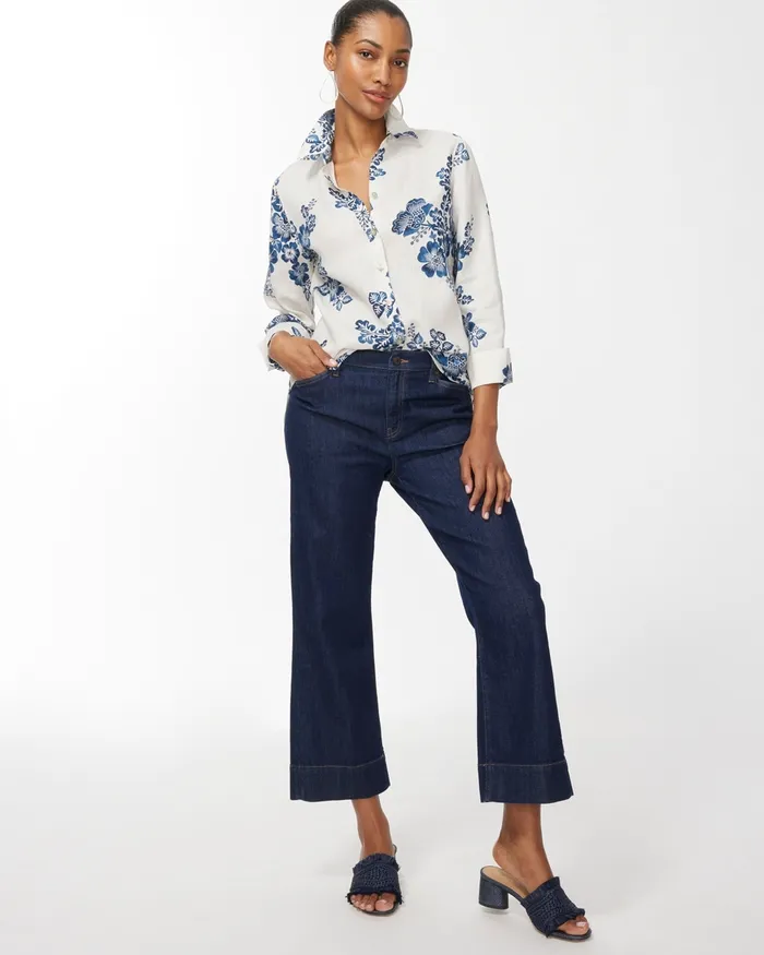 Chico039s No Iron Linen 34 Sleeve Floral Shirt Classic Navy Women Tops