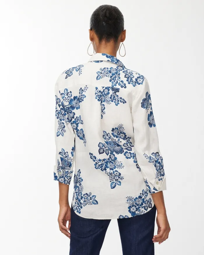 Chico039s No Iron Linen 34 Sleeve Floral Shirt Classic Navy Women Tops