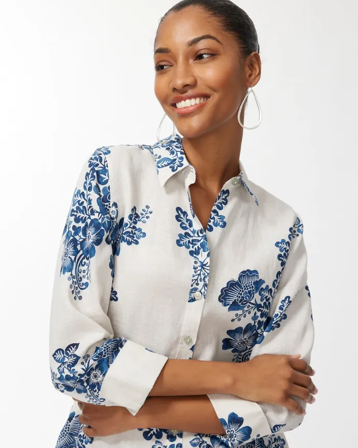 Chico039s No Iron Linen 34 Sleeve Floral Shirt Classic Navy Women Tops