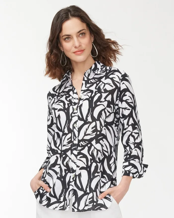 Chico039s No Iron Linen 34 Sleeve Leaves Shirt Optic WhiteBlack Women Matching Sets