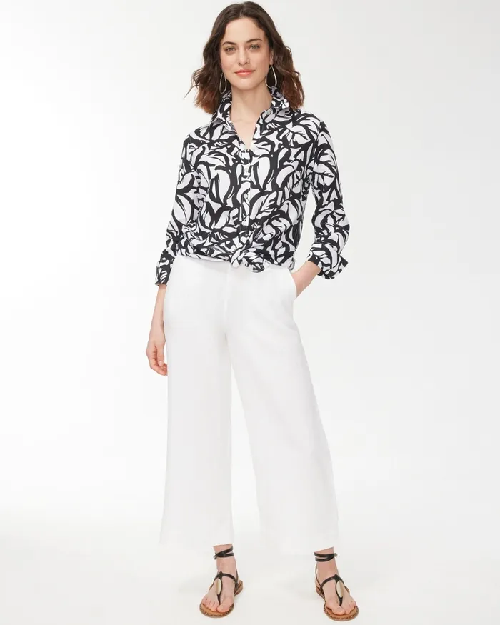 Chico039s No Iron Linen 34 Sleeve Leaves Shirt Optic WhiteBlack Women Matching Sets