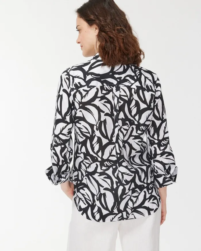Chico039s No Iron Linen 34 Sleeve Leaves Shirt Optic WhiteBlack Women Matching Sets