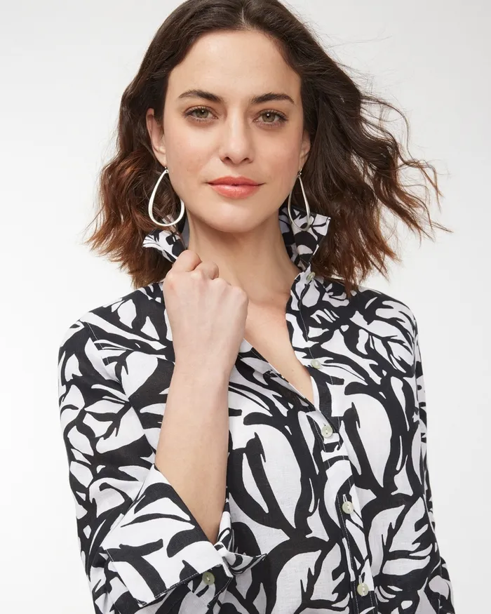 Chico039s No Iron Linen 34 Sleeve Leaves Shirt Optic WhiteBlack Women Matching Sets
