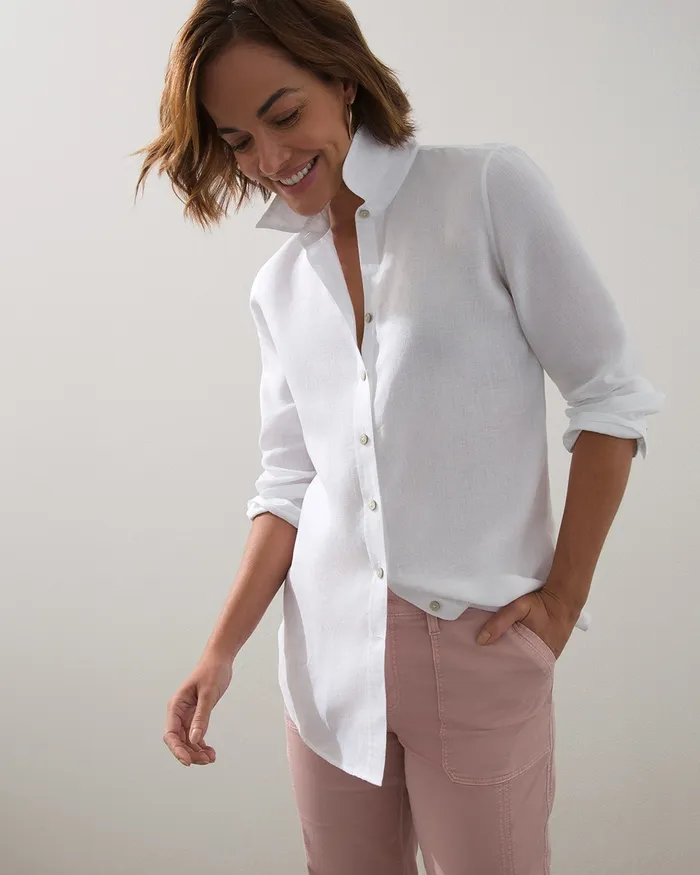 Chico039s NoIron Linen 34 Sleeve Shirt Optic White Women Tops