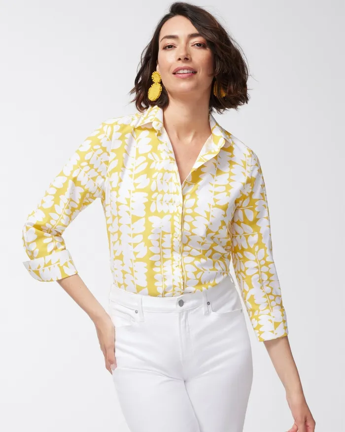 Chico039s No Iron Stretch 34 Sleeve Floral Shirt Pineapple Fizz Women Tops