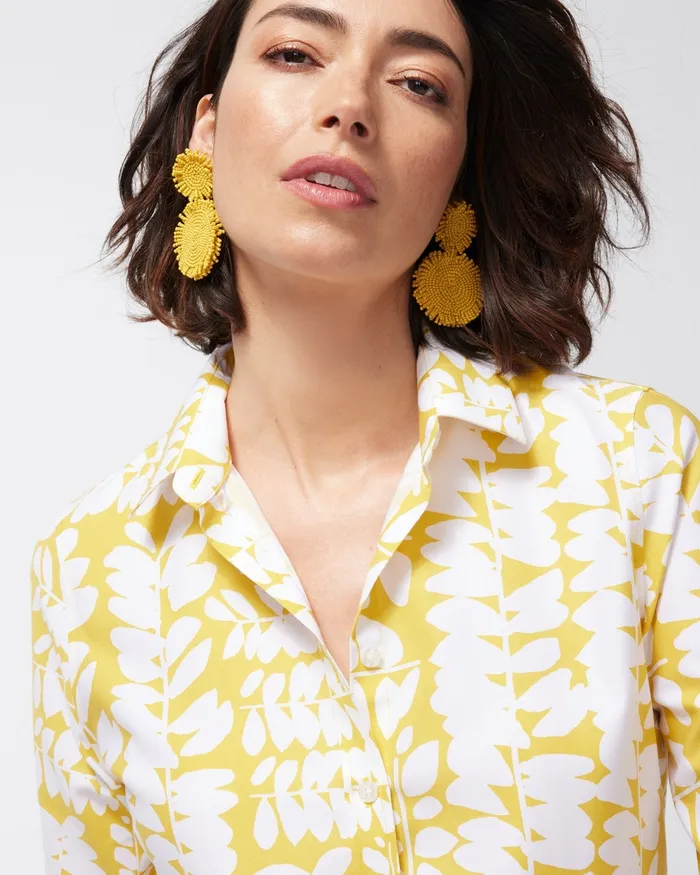 Chico039s No Iron Stretch 34 Sleeve Floral Shirt Pineapple Fizz Women Tops